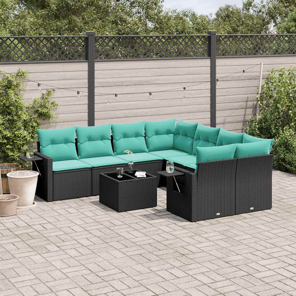 9-teiliges Gartensofa-Set mit Kissen, schwarzes Polyrattan