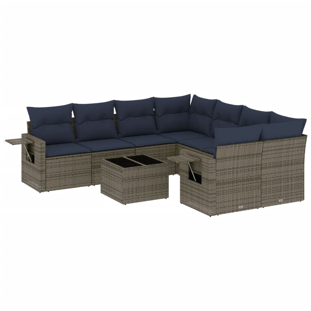 9-teiliges Gartensofa-Set mit Kissen, grau, Polyrattan