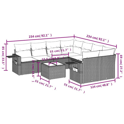 9-teiliges Gartensofa-Set mit Kissen, grau, Polyrattan