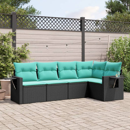 5-teiliges Gartensofa-Set mit Kissen, schwarzes Polyrattan