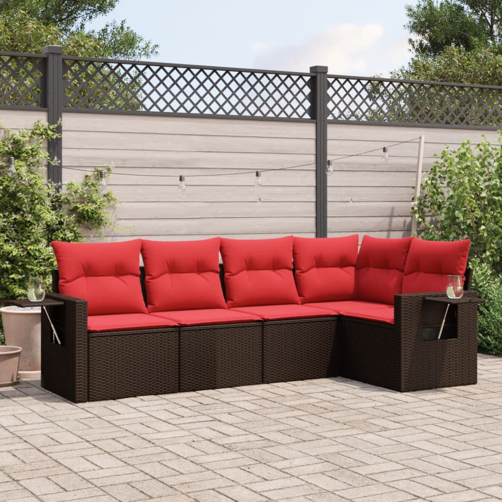 5-teiliges Gartensofa-Set mit Kissen, braun, Polyrattan