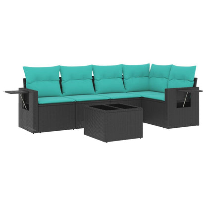 6-teiliges Gartensofa-Set mit Kissen, schwarzes Polyrattan