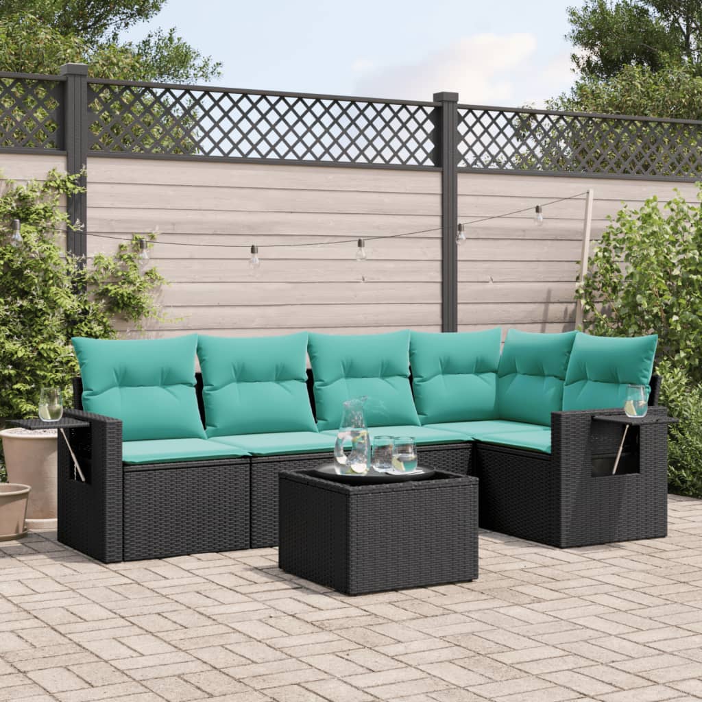 6-teiliges Gartensofa-Set mit Kissen, schwarzes Polyrattan