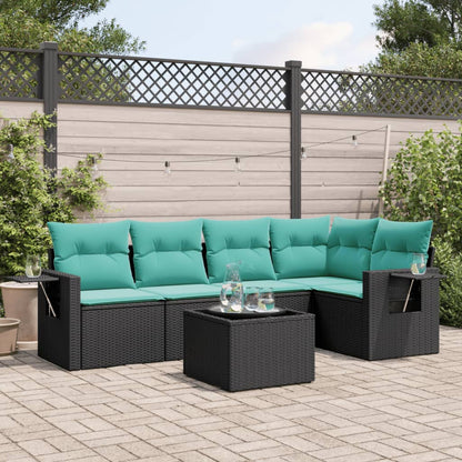 6-teiliges Gartensofa-Set mit Kissen, schwarzes Polyrattan