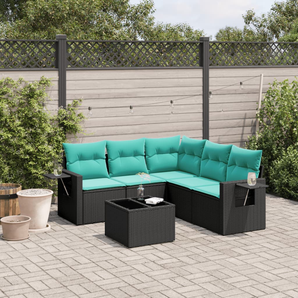 6-teiliges Gartensofa-Set mit Kissen, schwarzes Polyrattan