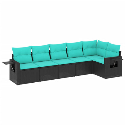 6-teiliges Gartensofa-Set mit Kissen, schwarzes Polyrattan