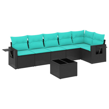 7-teiliges Gartensofa-Set mit Kissen, schwarzes Polyrattan