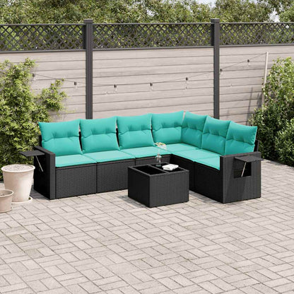 7-teiliges Gartensofa-Set mit Kissen, schwarzes Polyrattan