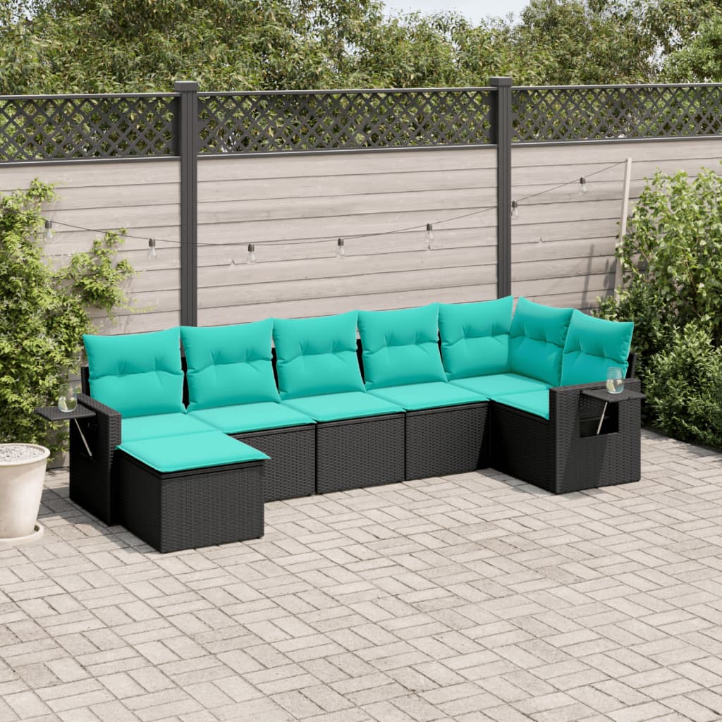 7-teiliges Gartensofa-Set mit Kissen, schwarzes Polyrattan