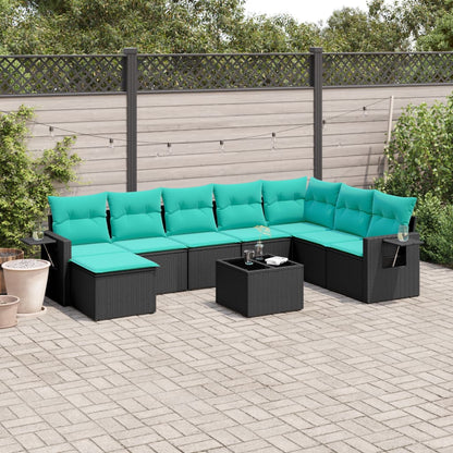 9-teiliges Gartensofa-Set mit Kissen, schwarzes Polyrattan