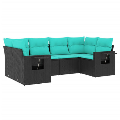 6-teiliges Gartensofa-Set mit Kissen, schwarzes Polyrattan