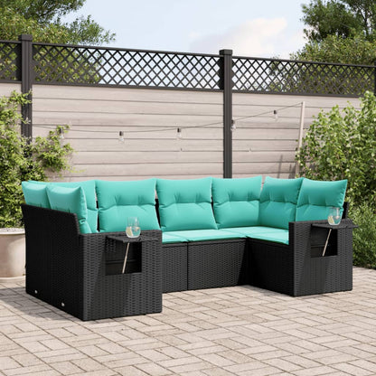 6-teiliges Gartensofa-Set mit Kissen, schwarzes Polyrattan