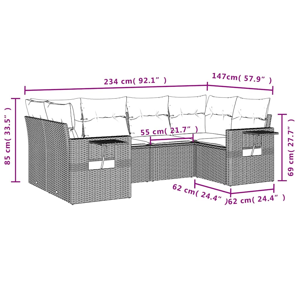 6-teiliges Gartensofa-Set mit Kissen, braun, Polyrattan