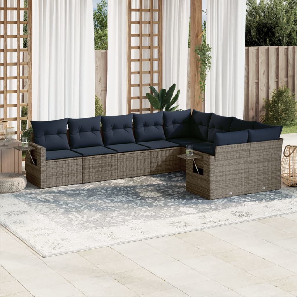 9-teiliges Gartensofa-Set mit Kissen, grau, Polyrattan