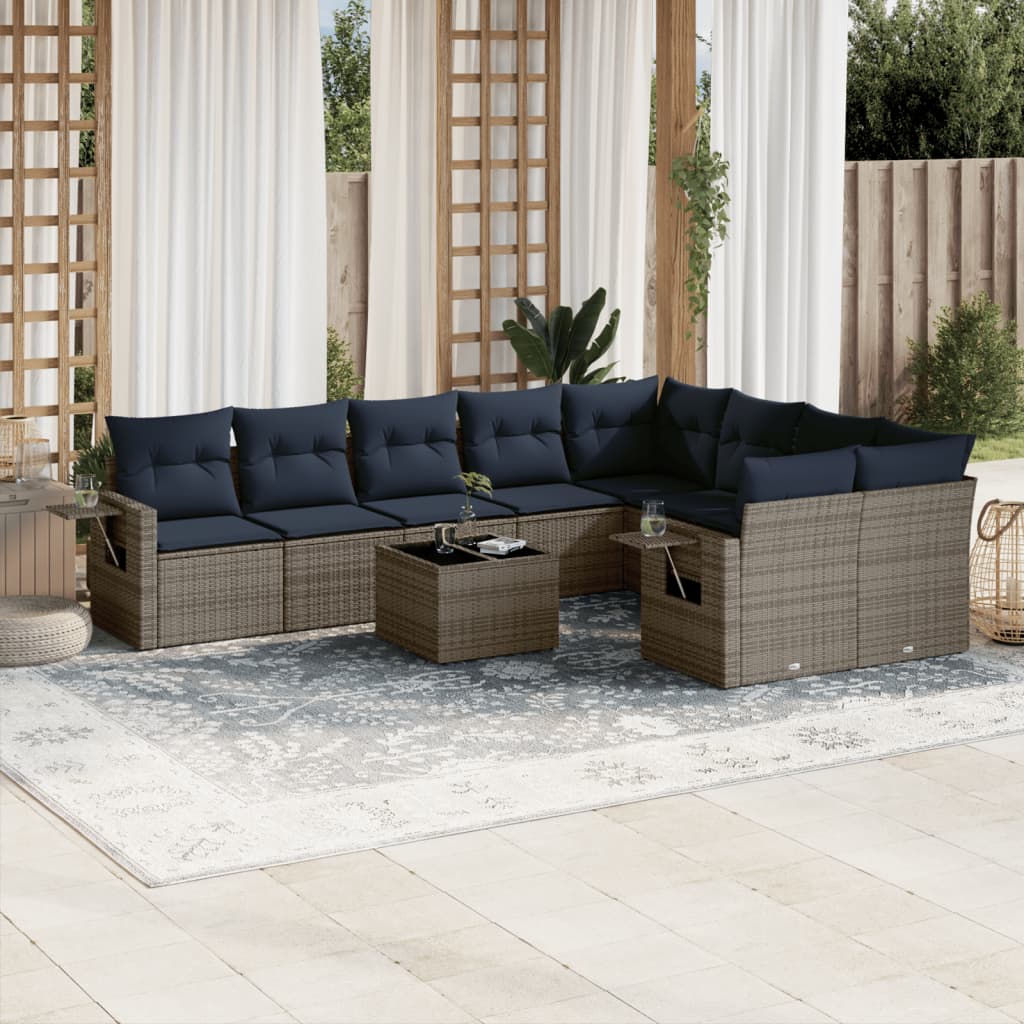 10-teiliges Gartensofa-Set mit Kissen, grau, Polyrattan