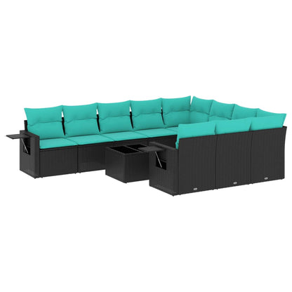 11-teiliges Gartensofa-Set mit Kissen, schwarzes Polyrattan