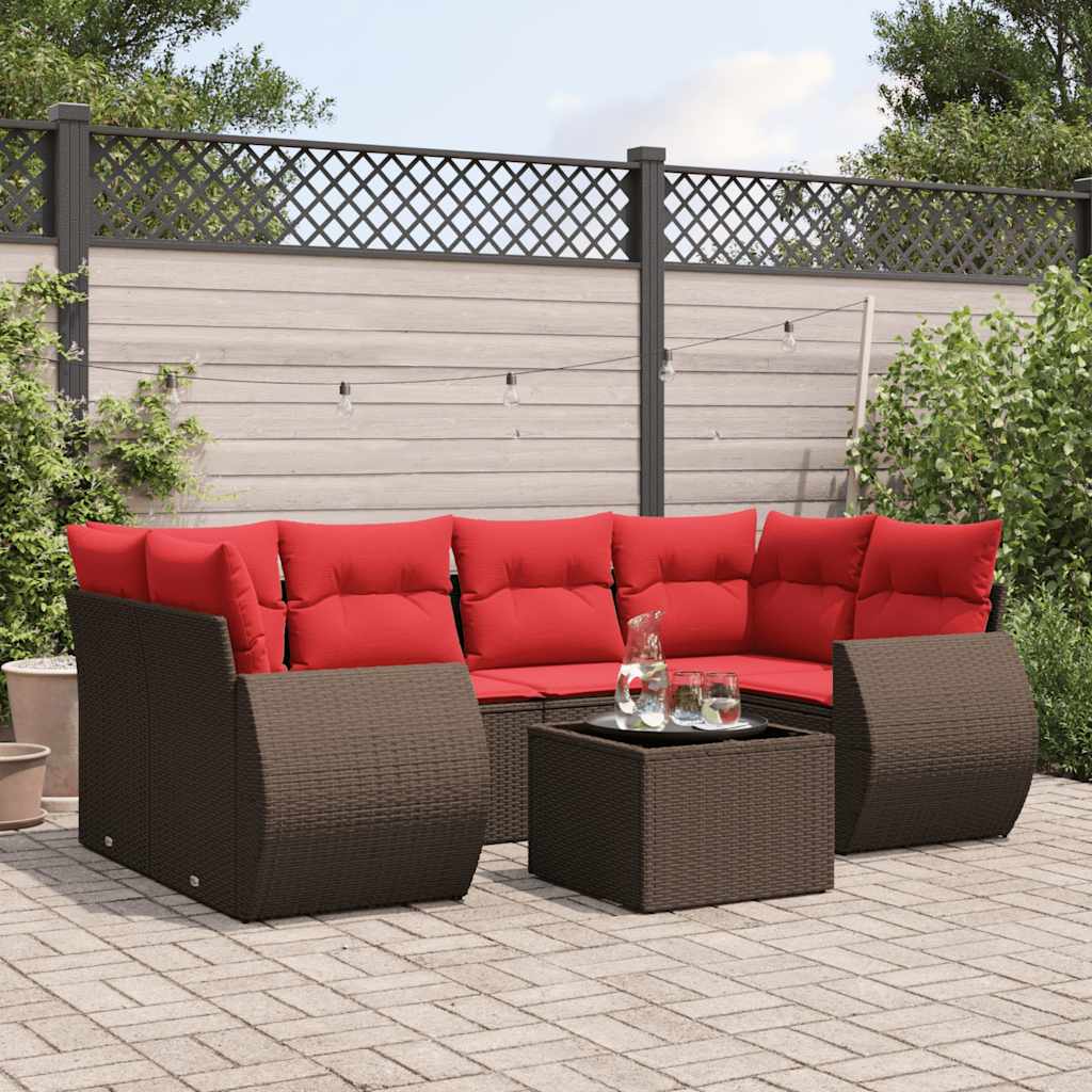 7-teiliges Gartensofa-Set mit Kissen, braun, Polyrattan