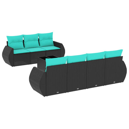 8-teiliges Gartensofa-Set mit Kissen, schwarzes Polyrattan