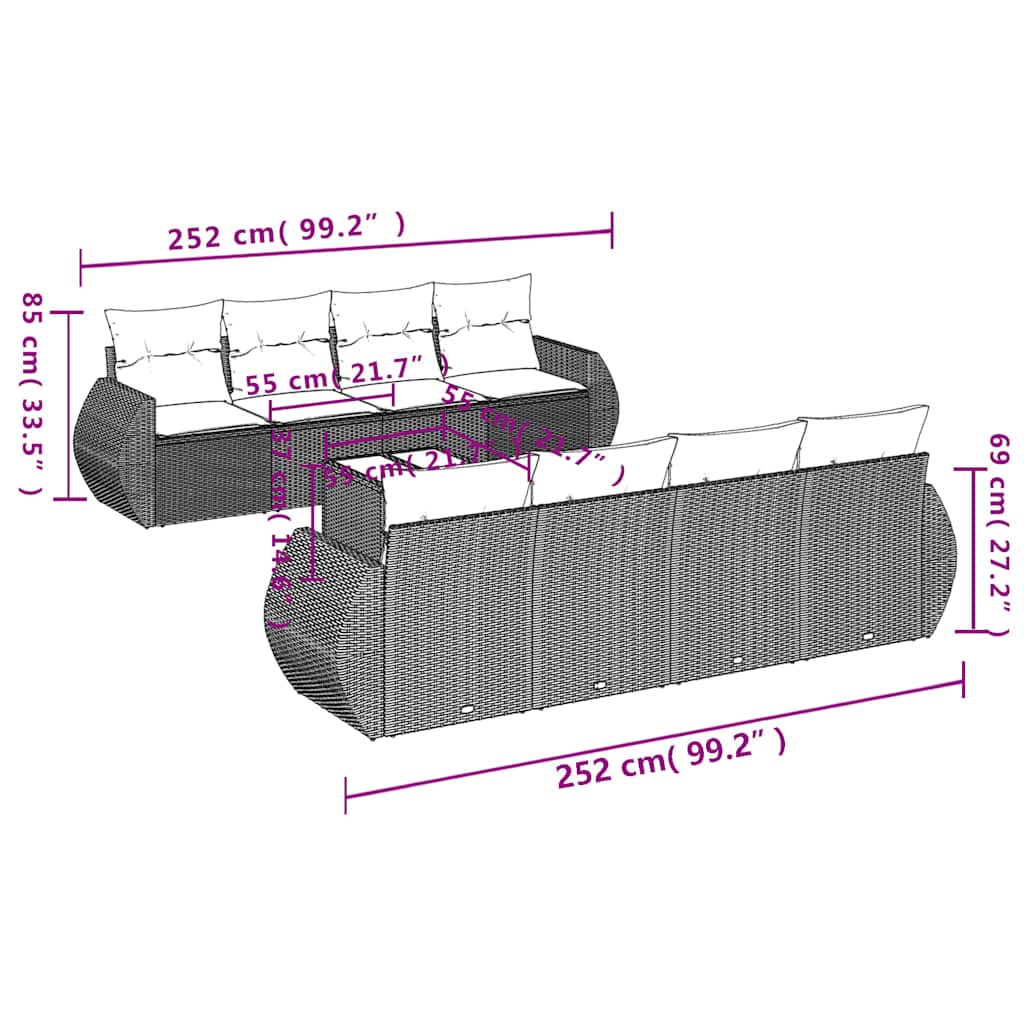9-teiliges Gartensofa-Set mit Kissen, schwarzes Polyrattan