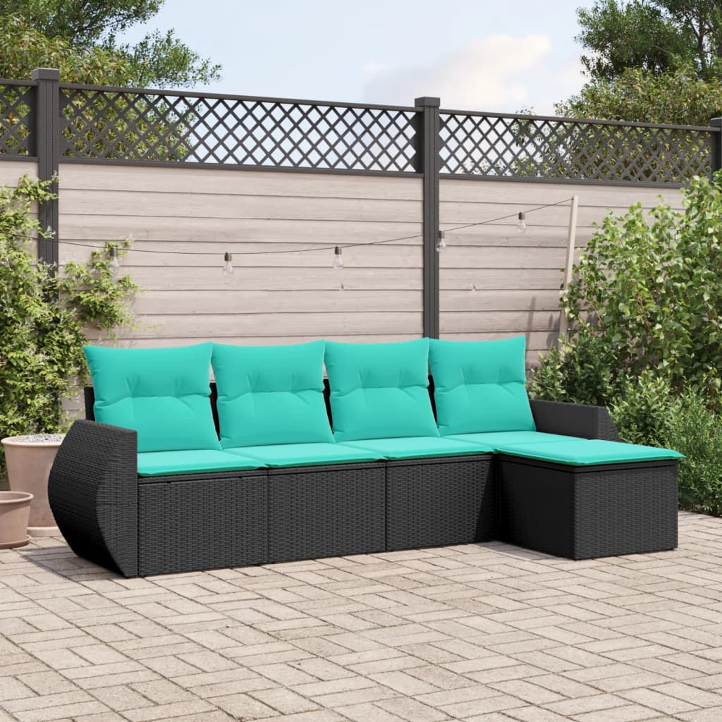 5-teiliges Gartensofa-Set mit Kissen, schwarzes Polyrattan