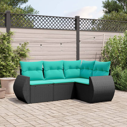 4-teiliges Gartensofa-Set mit Kissen, schwarzes Polyrattan