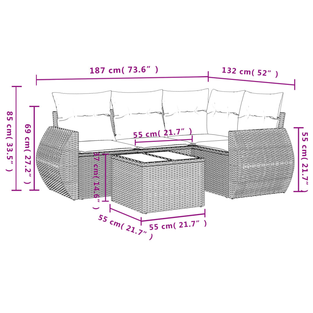 5-teiliges Gartensofa-Set mit Kissen, schwarzes Polyrattan