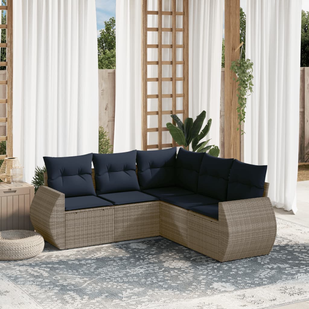 5-teiliges Gartensofa-Set mit Kissen, grau, Polyrattan