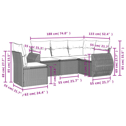 5-teiliges Gartensofa-Set mit Kissen, schwarzes Polyrattan