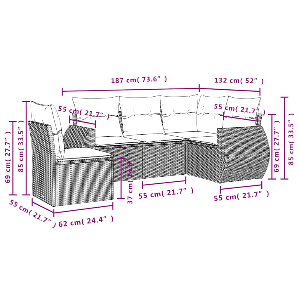 5-teiliges Gartensofa-Set mit Kissen, grau, Polyrattan