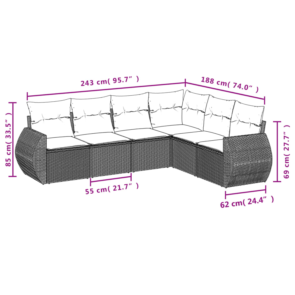 6-teiliges Gartensofa-Set mit Kissen, grau, Polyrattan