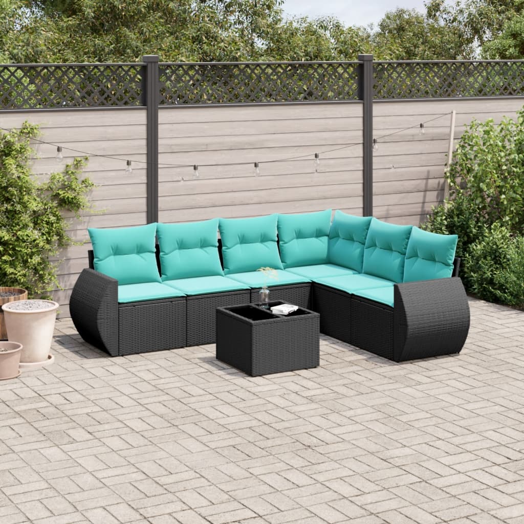 7-teiliges Gartensofa-Set mit Kissen, schwarzes Polyrattan