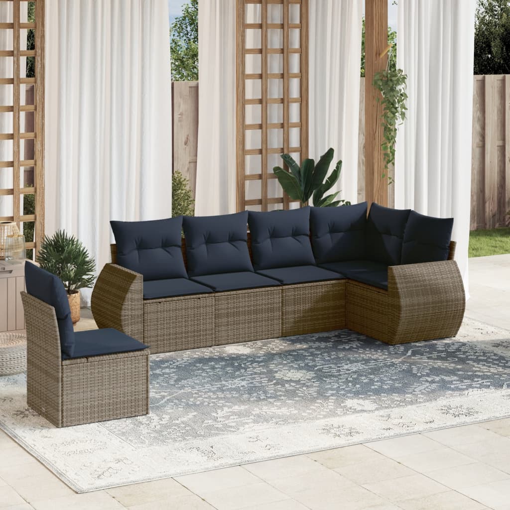 6-teiliges Gartensofa-Set mit Kissen, grau, Polyrattan