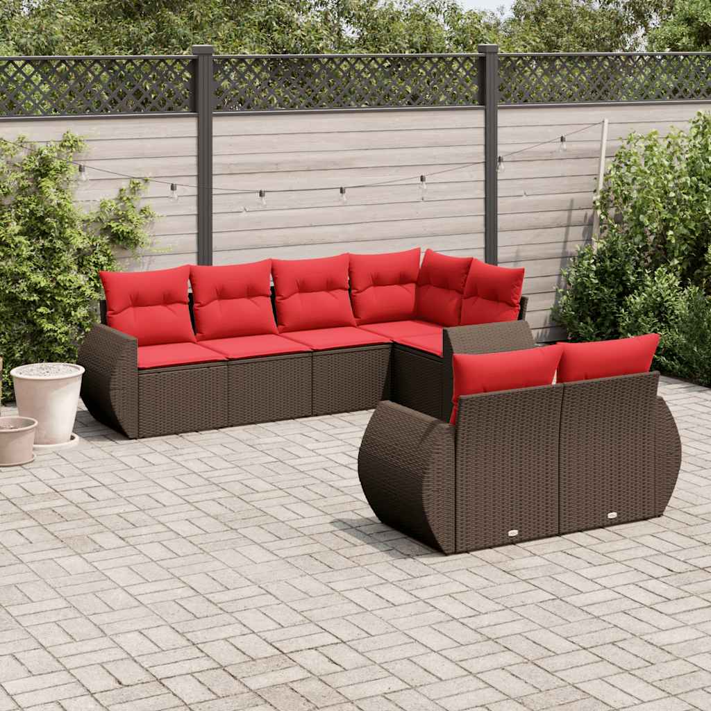 7-teiliges Gartensofa-Set mit Kissen, braun, Polyrattan