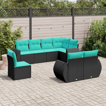 8-teiliges Gartensofa-Set mit Kissen, schwarzes Polyrattan