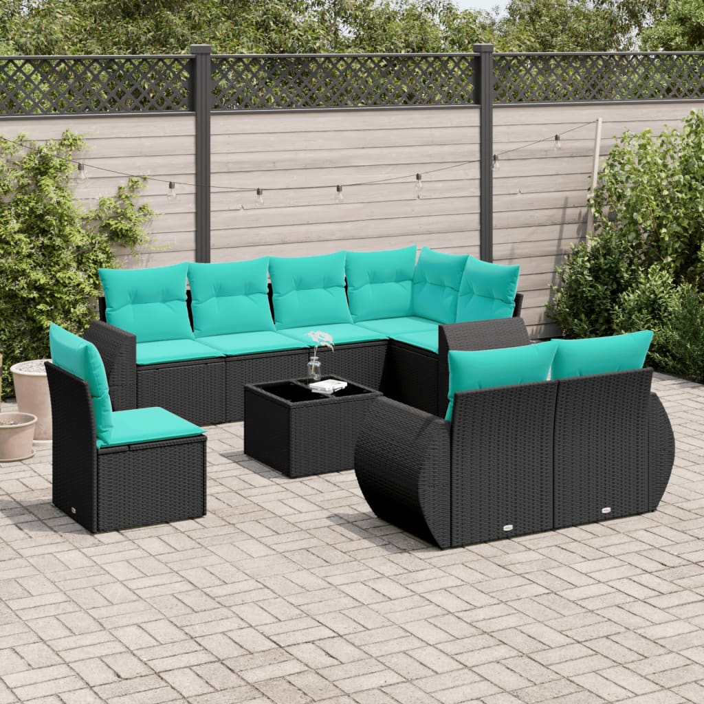 9-teiliges Gartensofa-Set mit Kissen, schwarzes Polyrattan