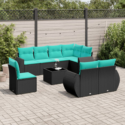 9-teiliges Gartensofa-Set mit Kissen, schwarzes Polyrattan