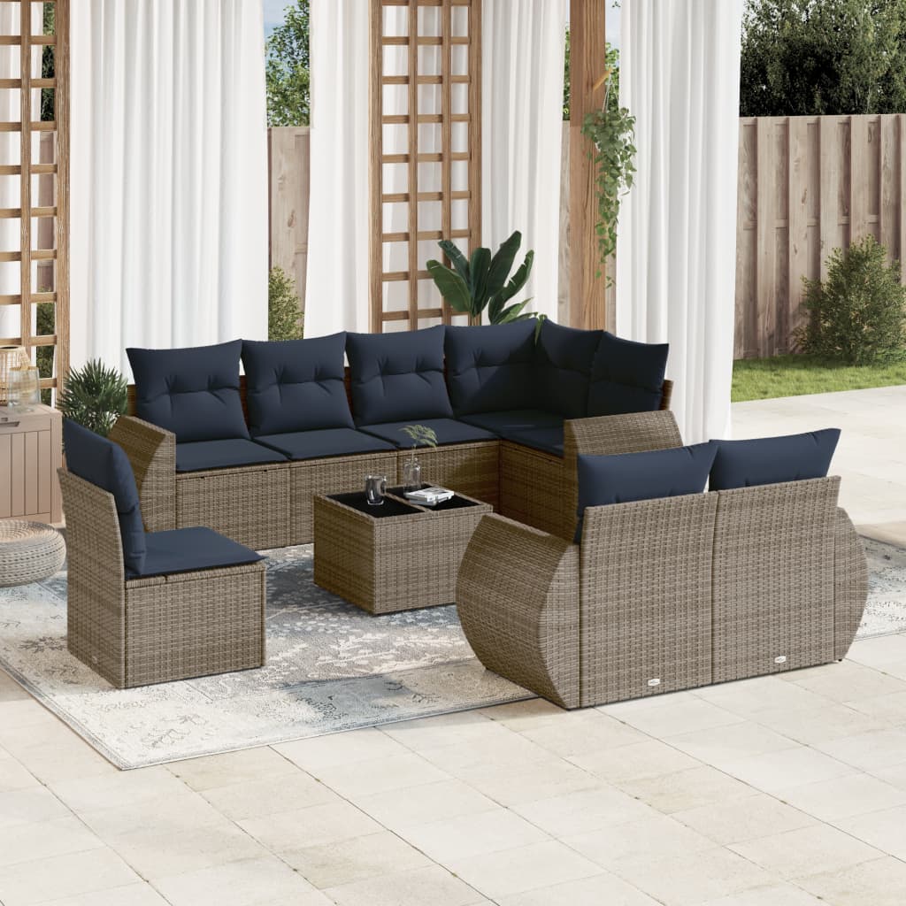 9-teiliges Gartensofa-Set mit Kissen, grau, Polyrattan