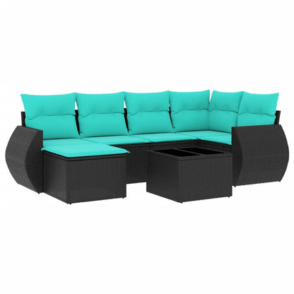 7-teiliges Gartensofa-Set mit Kissen, schwarzes Polyrattan