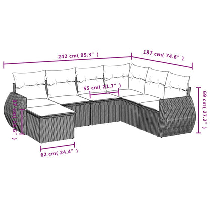 7-teiliges Gartensofa-Set mit Kissen, schwarzes Polyrattan