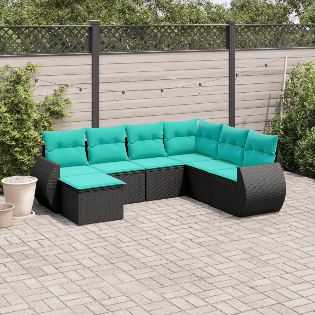 7-teiliges Gartensofa-Set mit Kissen, schwarzes Polyrattan