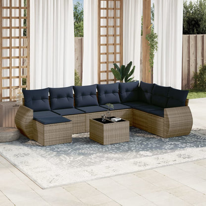 9-teiliges Gartensofa-Set mit Kissen, grau, Polyrattan