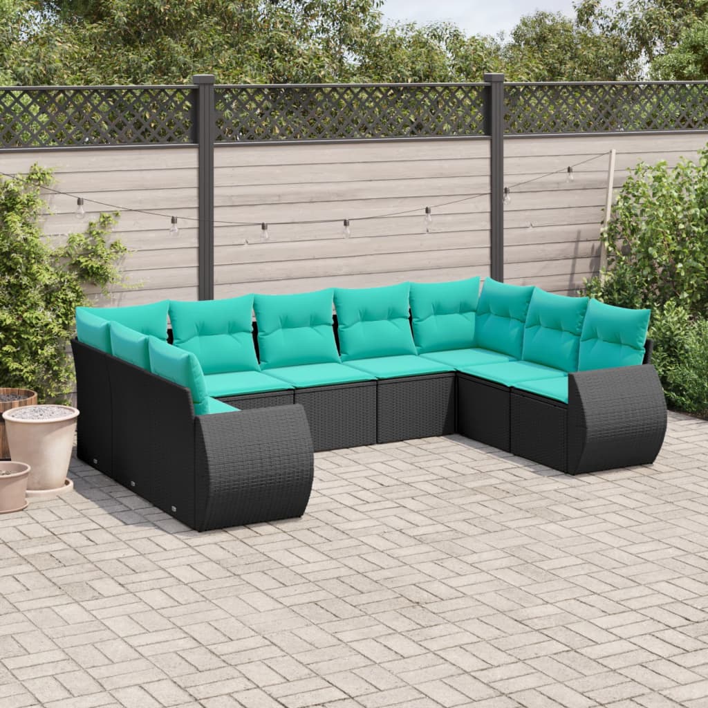 9-teiliges Gartensofa-Set mit Kissen, schwarzes Polyrattan