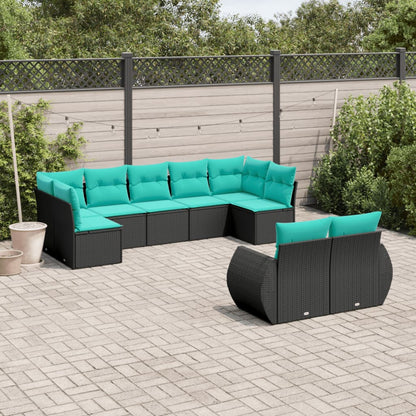 9-teiliges Gartensofa-Set mit Kissen, schwarzes Polyrattan
