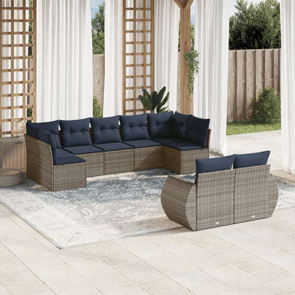 9-teiliges Gartensofa-Set mit Kissen, grau, Polyrattan