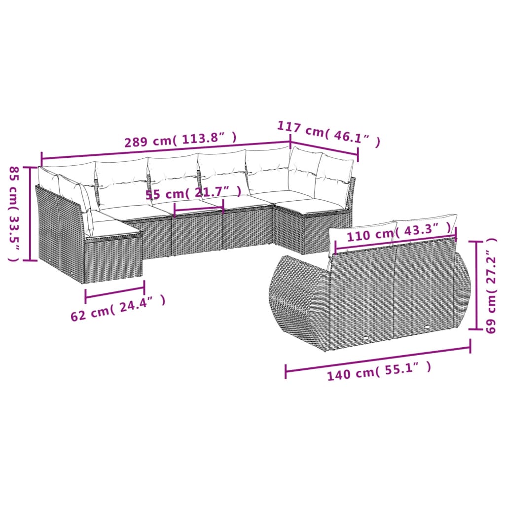 9-teiliges Gartensofa-Set mit Kissen, braun, Polyrattan