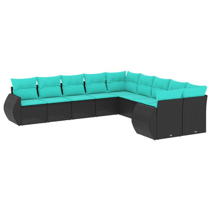 10-teiliges Gartensofa-Set mit Kissen, schwarzes Polyrattan
