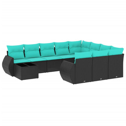 11-teiliges Gartensofa-Set mit Kissen, schwarzes Polyrattan