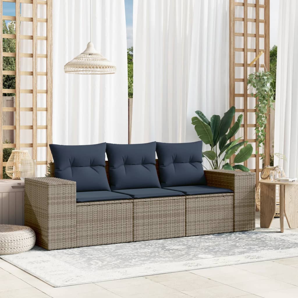 3-teiliges Gartensofa-Set mit Kissen, grau, Polyrattan