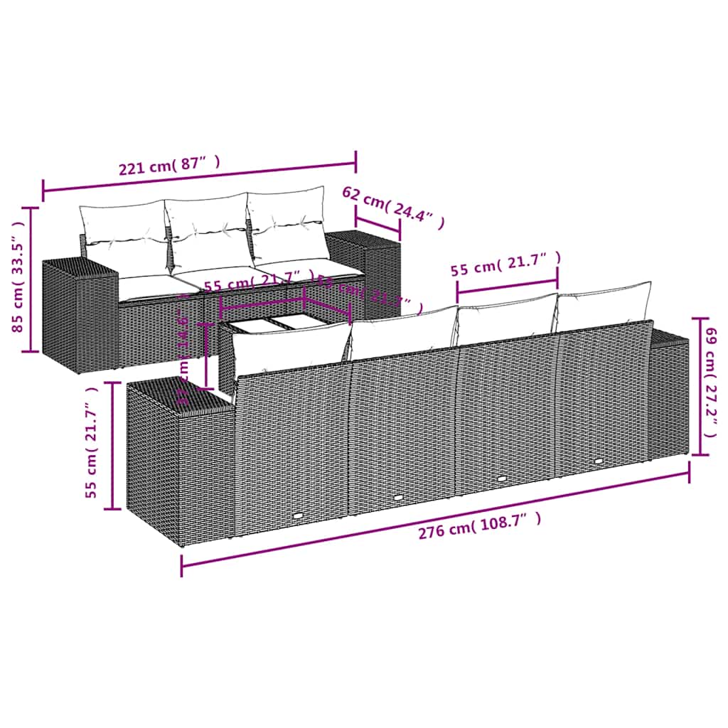 8-teiliges Gartensofa-Set mit Kissen, grau, Polyrattan