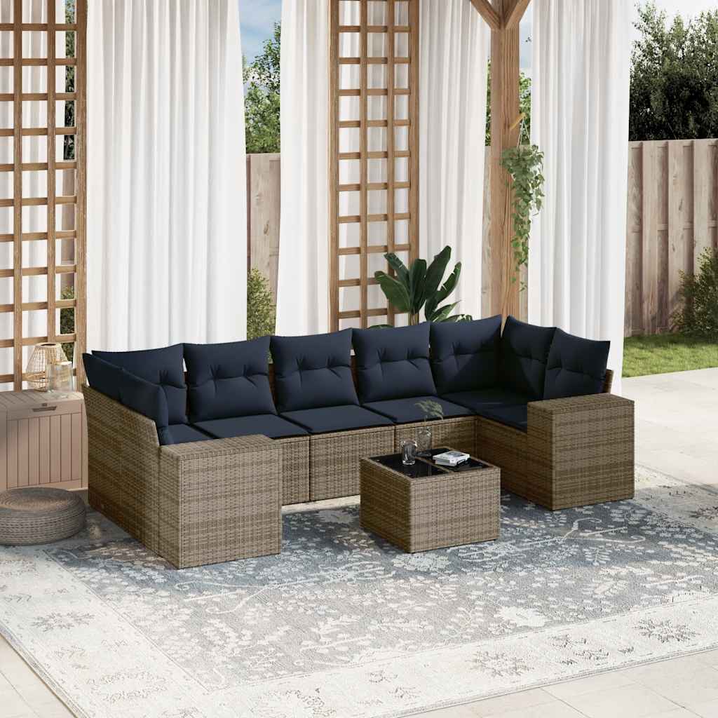 8-teiliges Gartensofa-Set mit Kissen, grau, Polyrattan